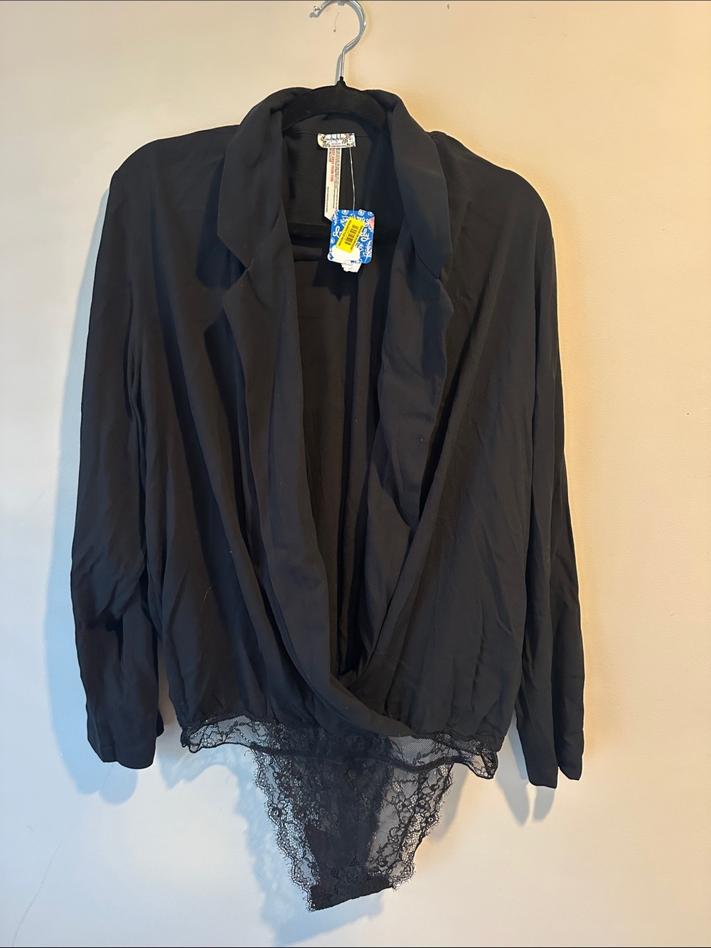 Free People Black Draped Lace Trim Bodysuit Blouse
